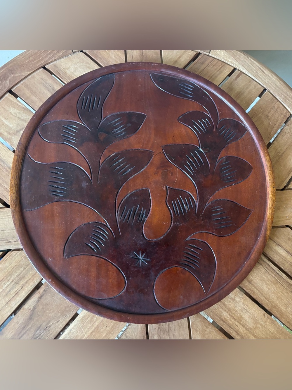 Vintage Hand-Carved Mahogany Wood Serving Tray 13.5”